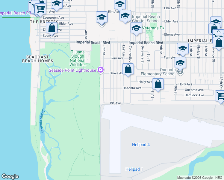 map of restaurants, bars, coffee shops, grocery stores, and more near 1401 California Street in Imperial Beach