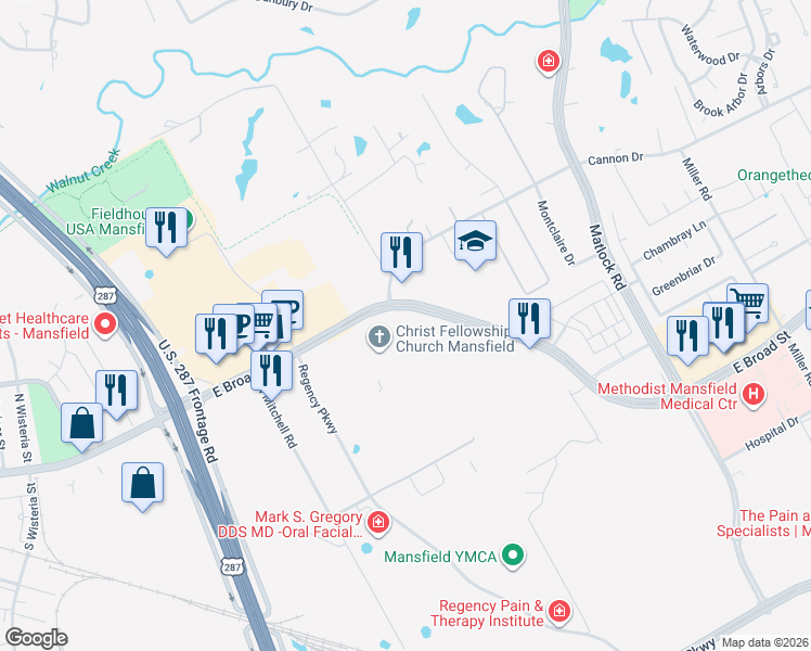 map of restaurants, bars, coffee shops, grocery stores, and more near 1830 E Broad St in Mansfield
