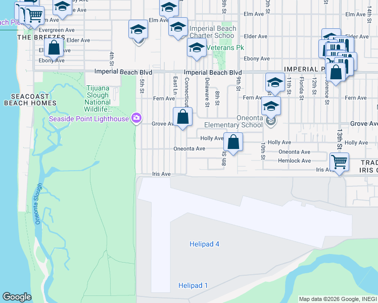 map of restaurants, bars, coffee shops, grocery stores, and more near 701 Oneonta Avenue in Imperial Beach