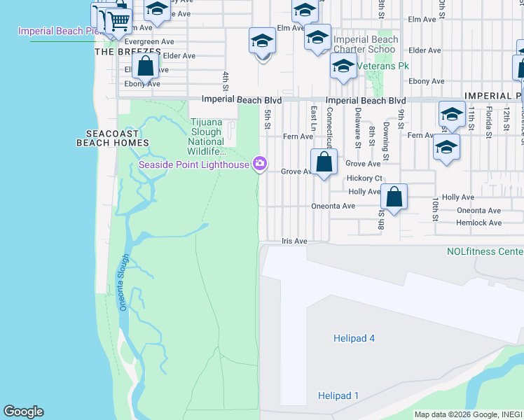 map of restaurants, bars, coffee shops, grocery stores, and more near 1400 5th Street in Imperial Beach
