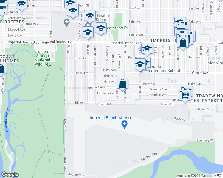 map of restaurants, bars, coffee shops, grocery stores, and more near 815 Oneonta Avenue in Imperial Beach