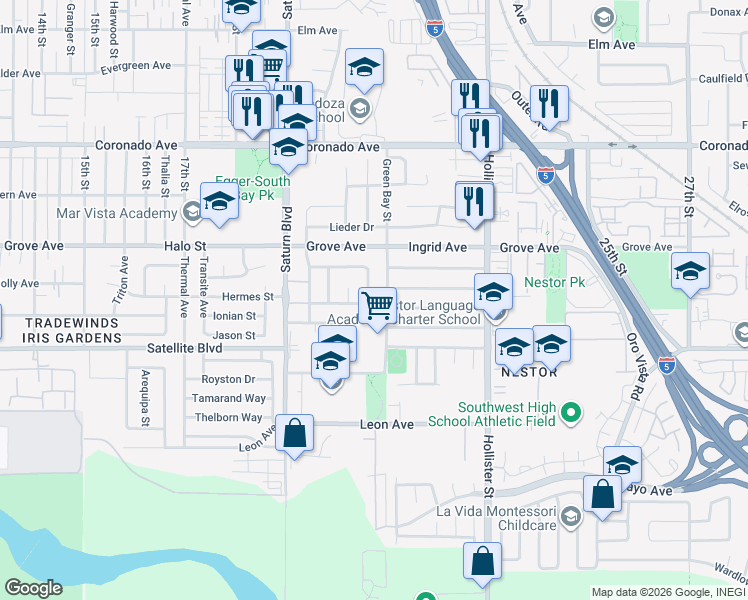 map of restaurants, bars, coffee shops, grocery stores, and more near 1412 Green Bay Street in San Diego