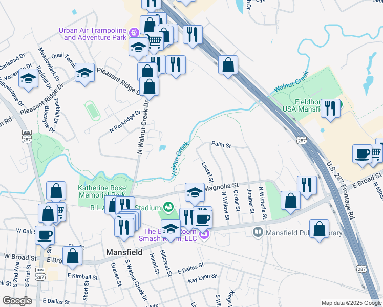map of restaurants, bars, coffee shops, grocery stores, and more near 225 Laurel St in Mansfield