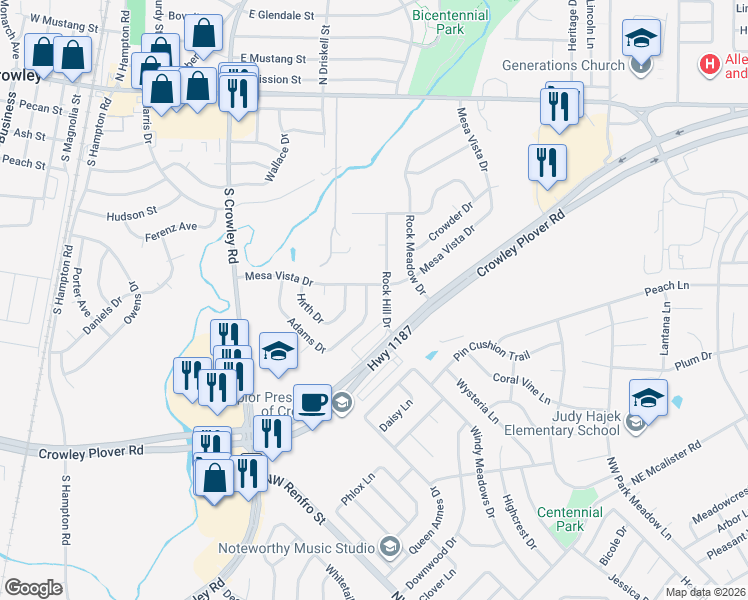 map of restaurants, bars, coffee shops, grocery stores, and more near 258 Adams Drive in Crowley