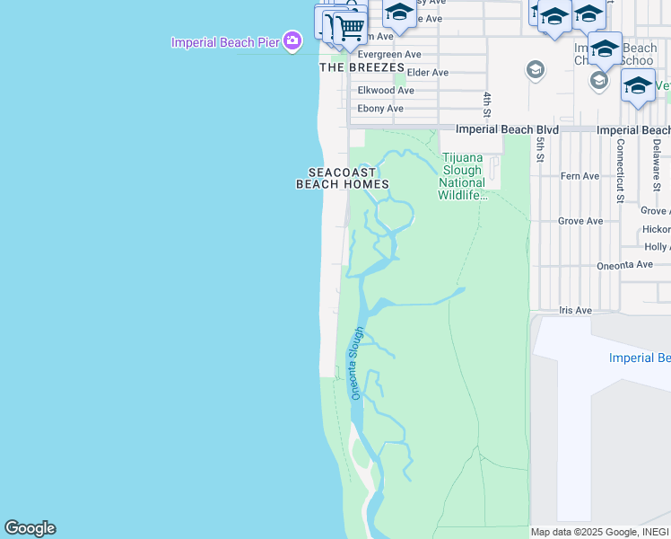 map of restaurants, bars, coffee shops, grocery stores, and more near 1434 Seacoast Drive in Imperial Beach