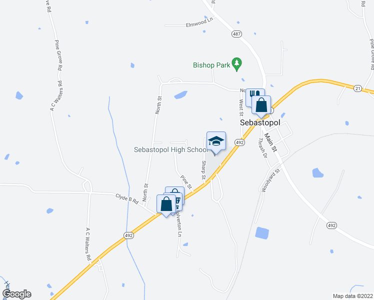 map of restaurants, bars, coffee shops, grocery stores, and more near 90 Sunny Street in Walnut Grove