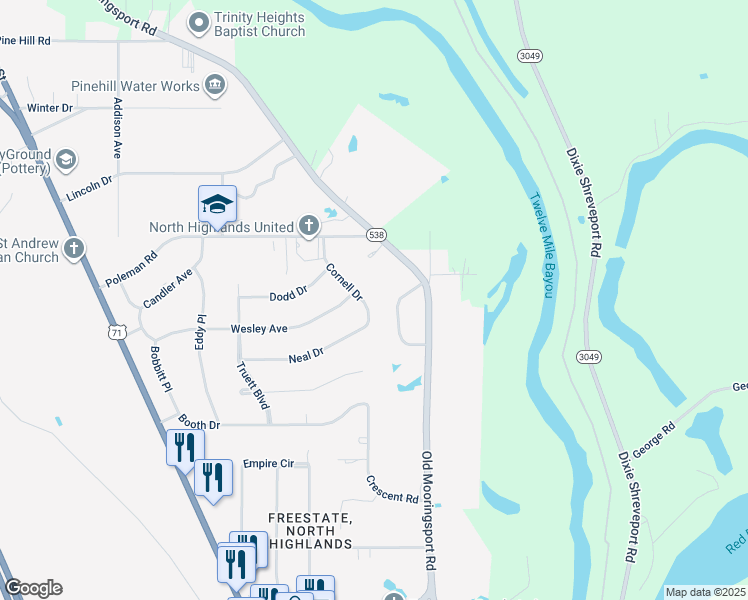 map of restaurants, bars, coffee shops, grocery stores, and more near 3736 Cornell Drive in Shreveport