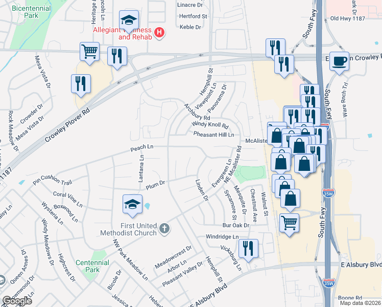 map of restaurants, bars, coffee shops, grocery stores, and more near 1129 Hackberry Ct in Burleson