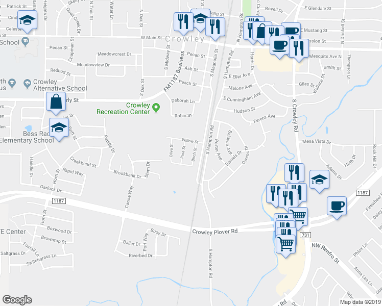 map of restaurants, bars, coffee shops, grocery stores, and more near 516 Birch Street in Crowley