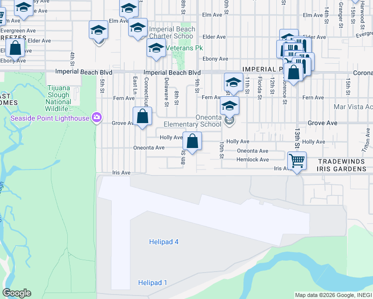 map of restaurants, bars, coffee shops, grocery stores, and more near 837 Oneonta Avenue in Imperial Beach