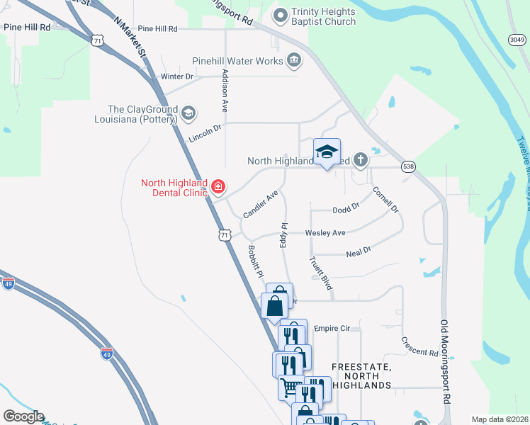 map of restaurants, bars, coffee shops, grocery stores, and more near 925 Candler Ave in Shreveport