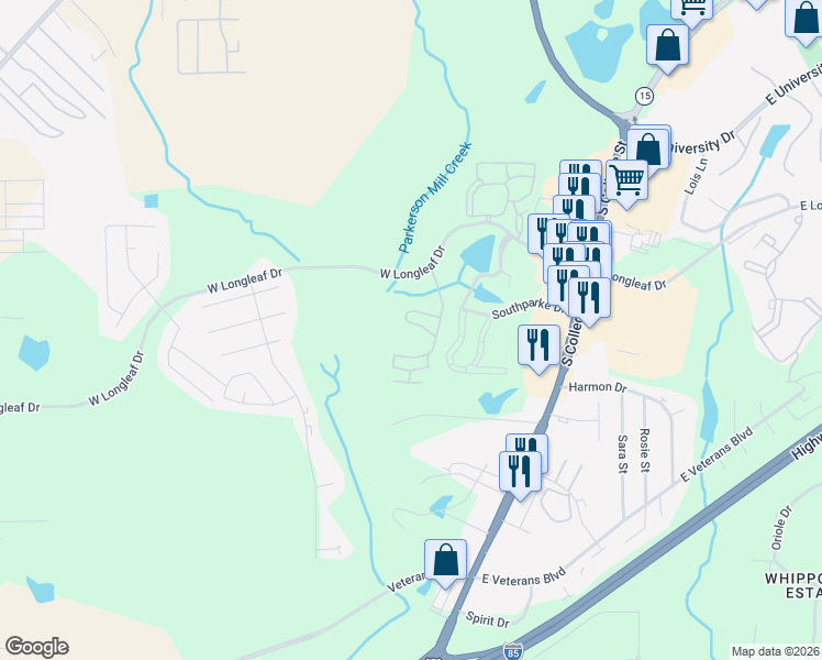 map of restaurants, bars, coffee shops, grocery stores, and more near 447 West Longleaf Drive in Auburn