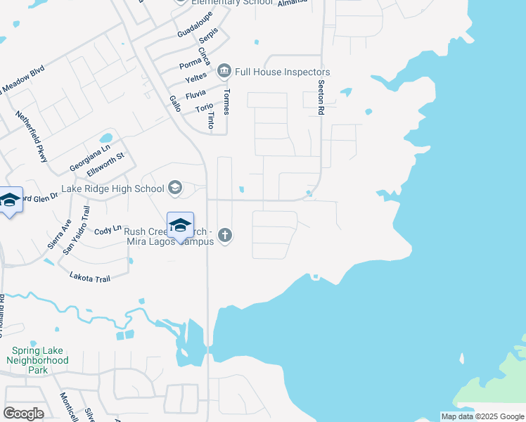 map of restaurants, bars, coffee shops, grocery stores, and more near Spring Lake Drive in Grand Prairie