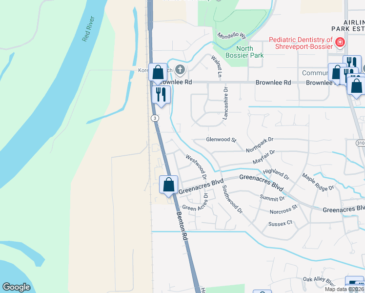 map of restaurants, bars, coffee shops, grocery stores, and more near 434 Westwood Drive in Bossier City