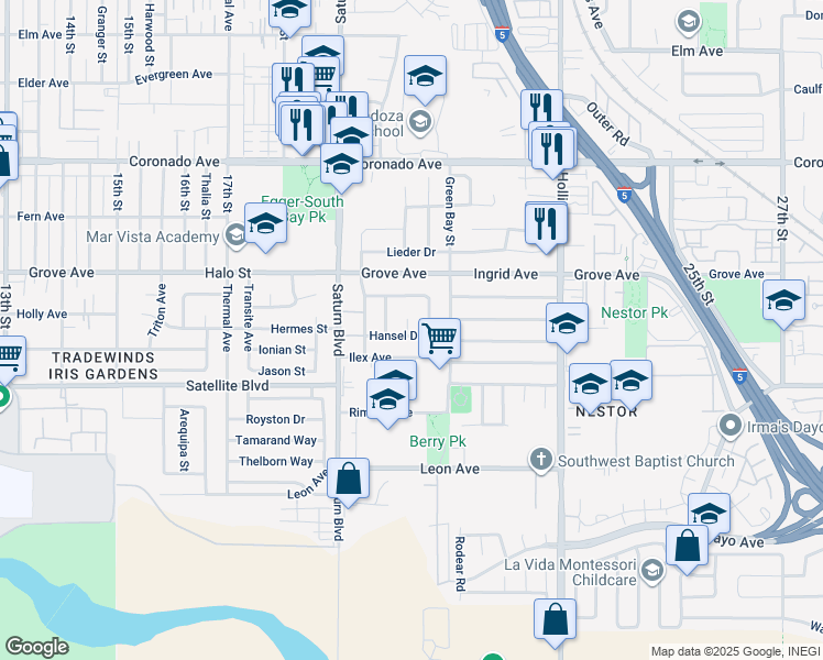 map of restaurants, bars, coffee shops, grocery stores, and more near 2056 Hansel Drive in San Diego
