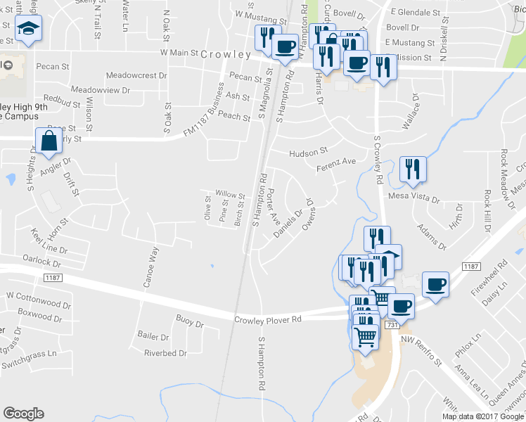 map of restaurants, bars, coffee shops, grocery stores, and more near 205 Porter Court in Crowley