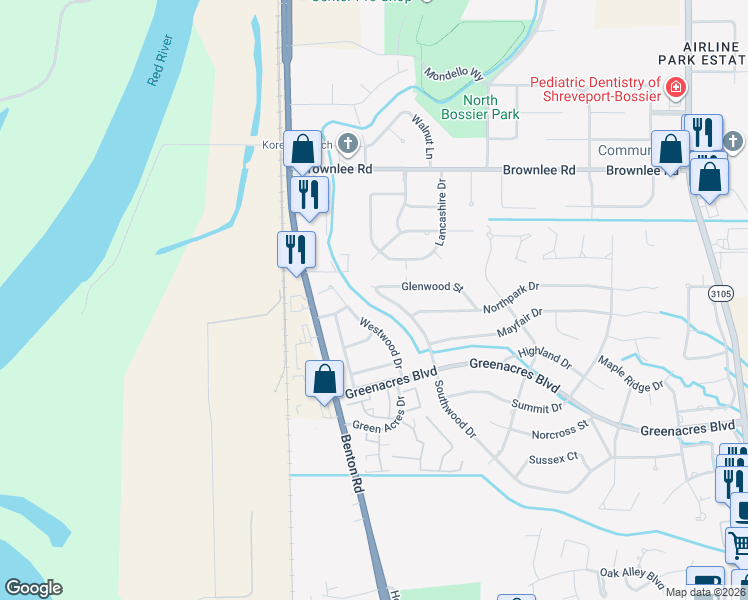 map of restaurants, bars, coffee shops, grocery stores, and more near 527 Southwood Drive in Bossier City