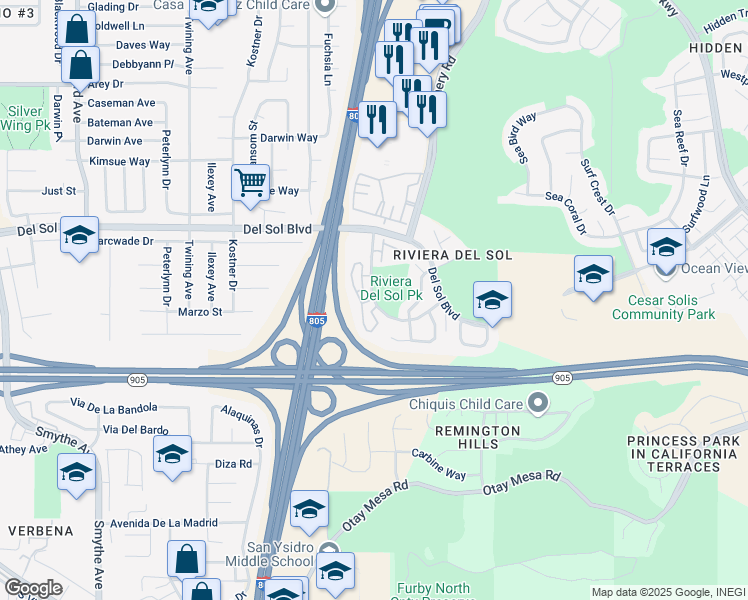 map of restaurants, bars, coffee shops, grocery stores, and more near Riviera Shores St & Avenida Aquila in San Diego
