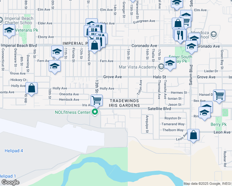 map of restaurants, bars, coffee shops, grocery stores, and more near 1431 14th Street in Imperial Beach
