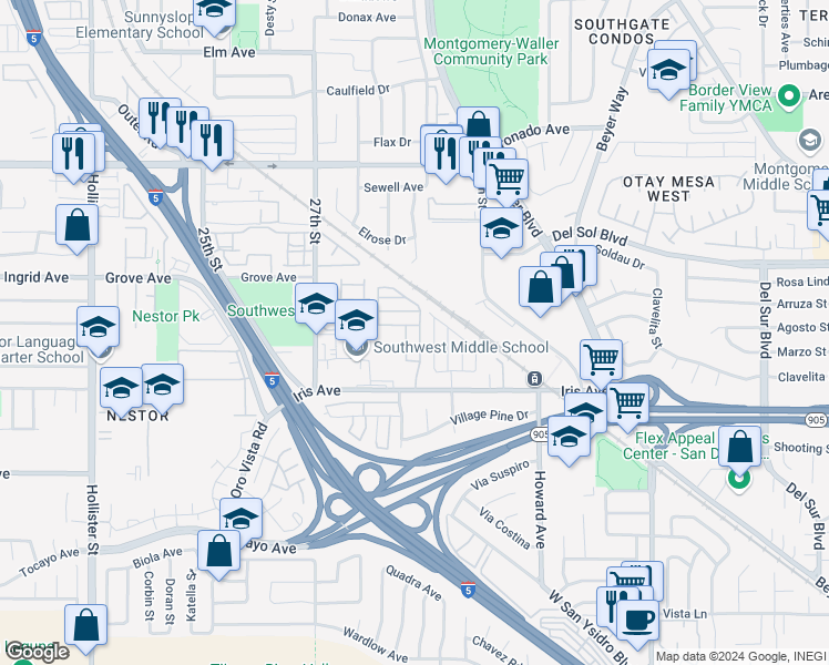 map of restaurants, bars, coffee shops, grocery stores, and more near 2888 Iris Avenue in San Diego