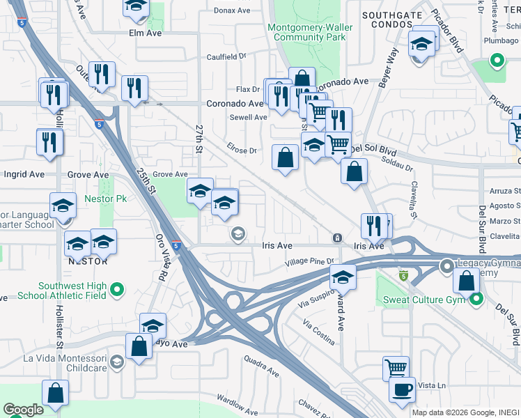 map of restaurants, bars, coffee shops, grocery stores, and more near 2888 Iris Avenue in San Diego