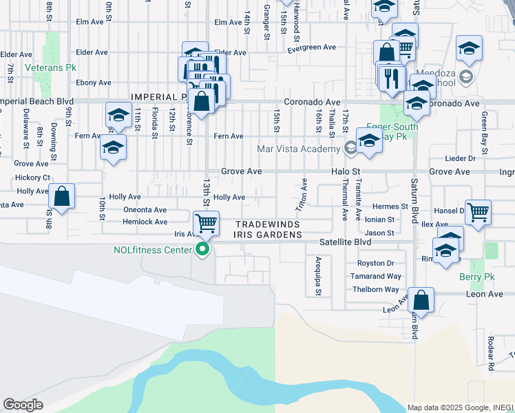 map of restaurants, bars, coffee shops, grocery stores, and more near 1473 Holly Avenue in Imperial Beach