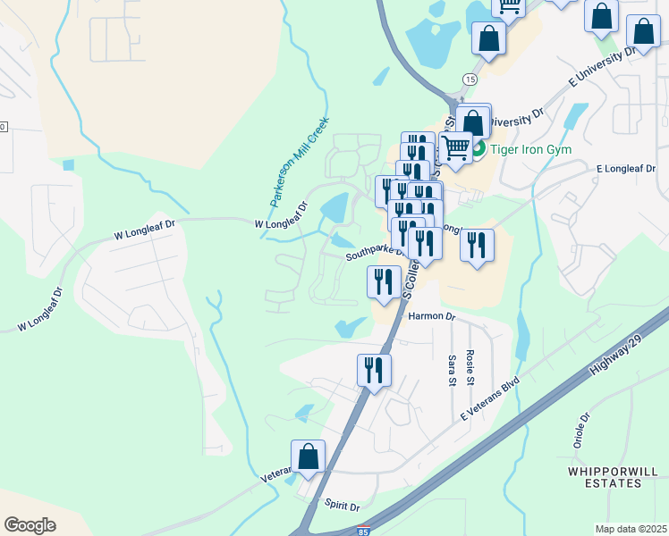 map of restaurants, bars, coffee shops, grocery stores, and more near 1910 South College Street in Auburn