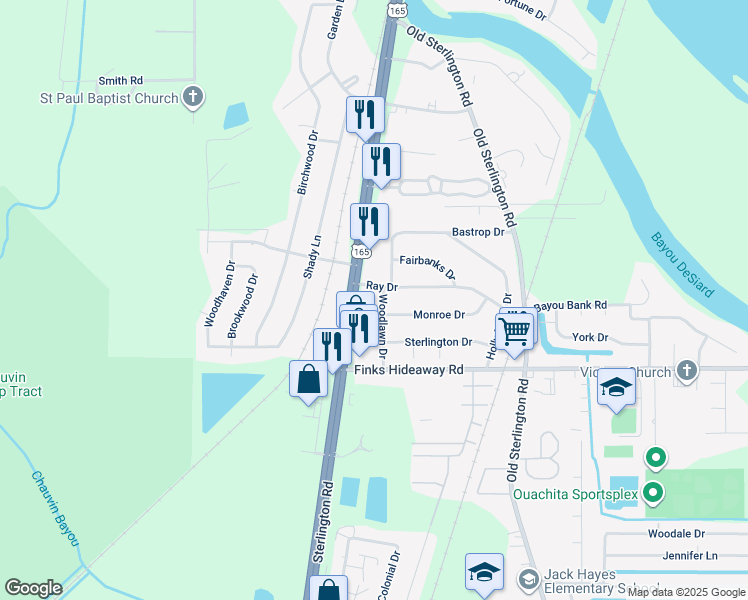 map of restaurants, bars, coffee shops, grocery stores, and more near 4280 Sterlington Road in Monroe