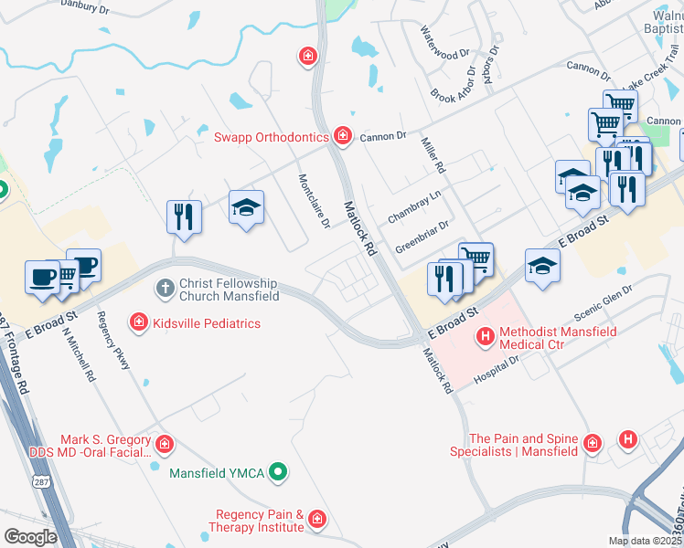 map of restaurants, bars, coffee shops, grocery stores, and more near 701 Matlock Road in Mansfield