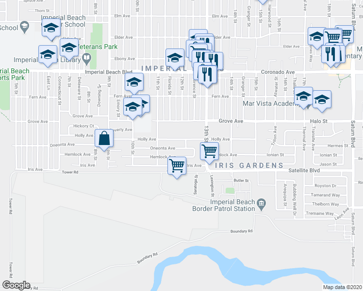 map of restaurants, bars, coffee shops, grocery stores, and more near 1136 Oneonta Avenue in Imperial Beach
