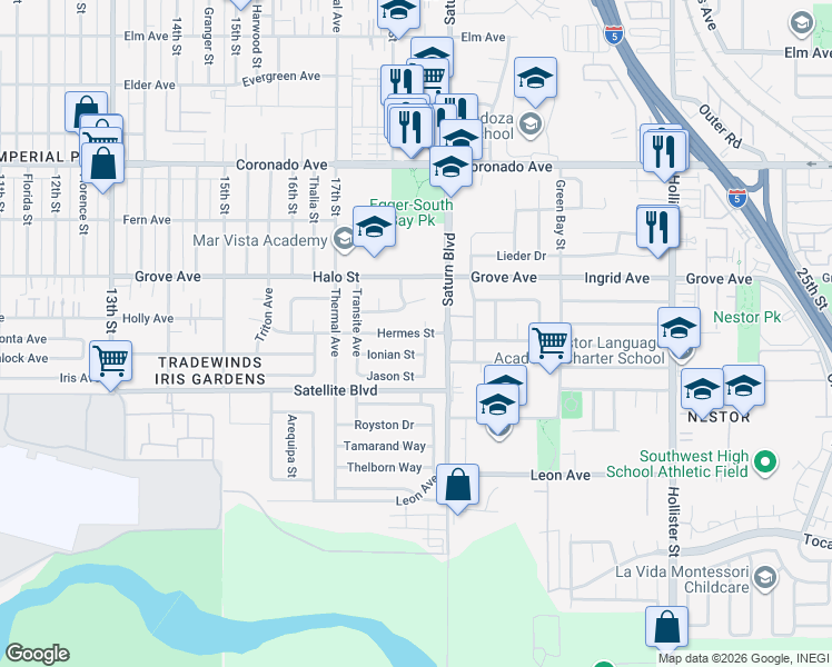 map of restaurants, bars, coffee shops, grocery stores, and more near 1821 Hermes Street in San Diego