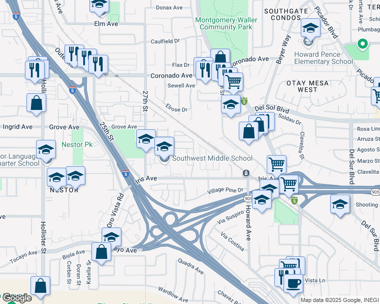 map of restaurants, bars, coffee shops, grocery stores, and more near 2888 Iris Avenue in San Diego