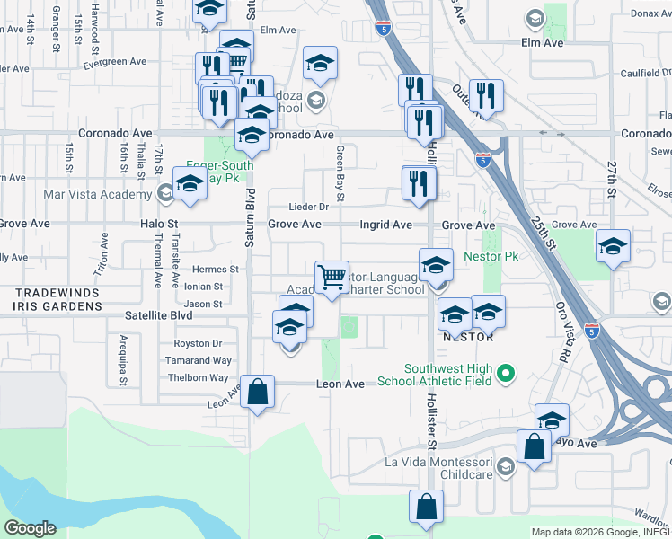 map of restaurants, bars, coffee shops, grocery stores, and more near 1412 Green Bay Street in San Diego