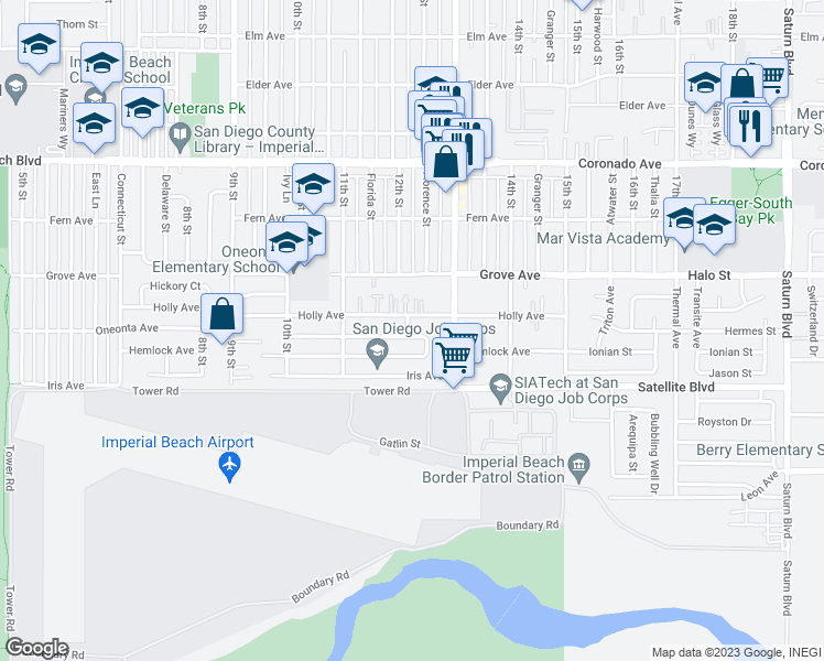 map of restaurants, bars, coffee shops, grocery stores, and more near 1200 Oneonta Avenue in Imperial Beach