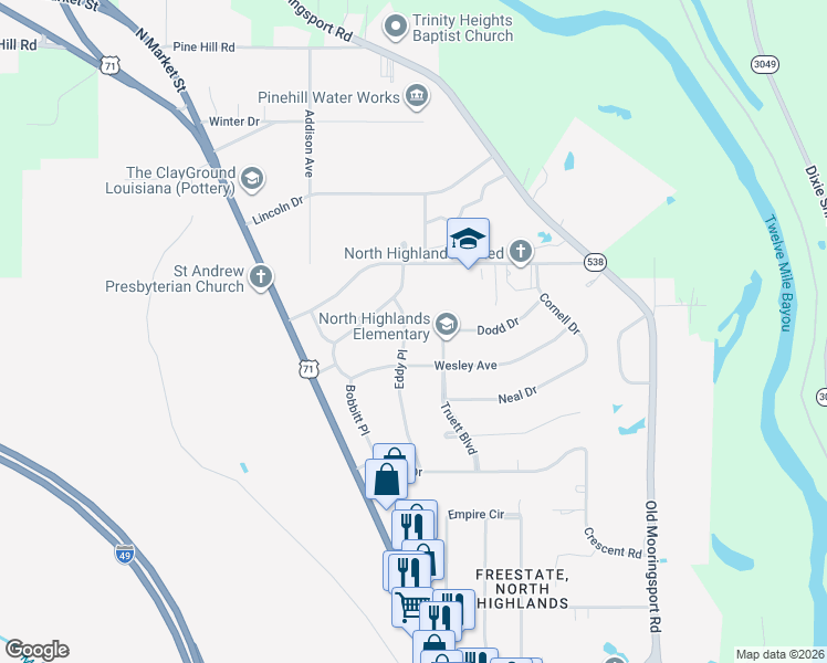 map of restaurants, bars, coffee shops, grocery stores, and more near 3812 Eddy Place in Shreveport