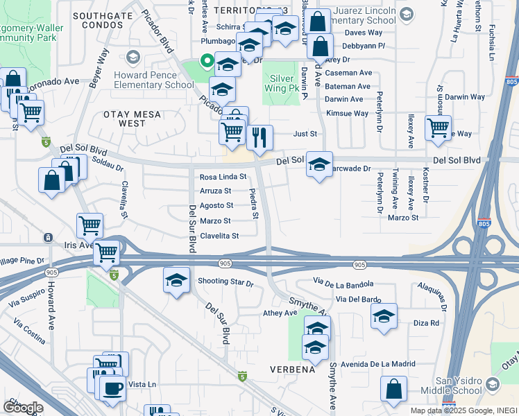 map of restaurants, bars, coffee shops, grocery stores, and more near 1411 Piedra Street in San Diego