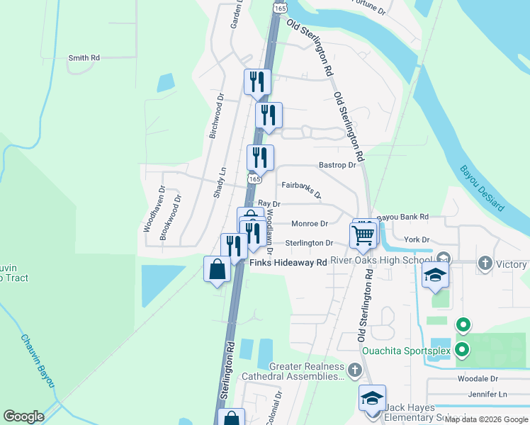 map of restaurants, bars, coffee shops, grocery stores, and more near 4280 Sterlington Road in Monroe