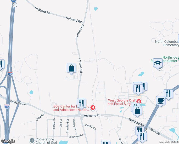 map of restaurants, bars, coffee shops, grocery stores, and more near 8350 Fortson Road in Columbus