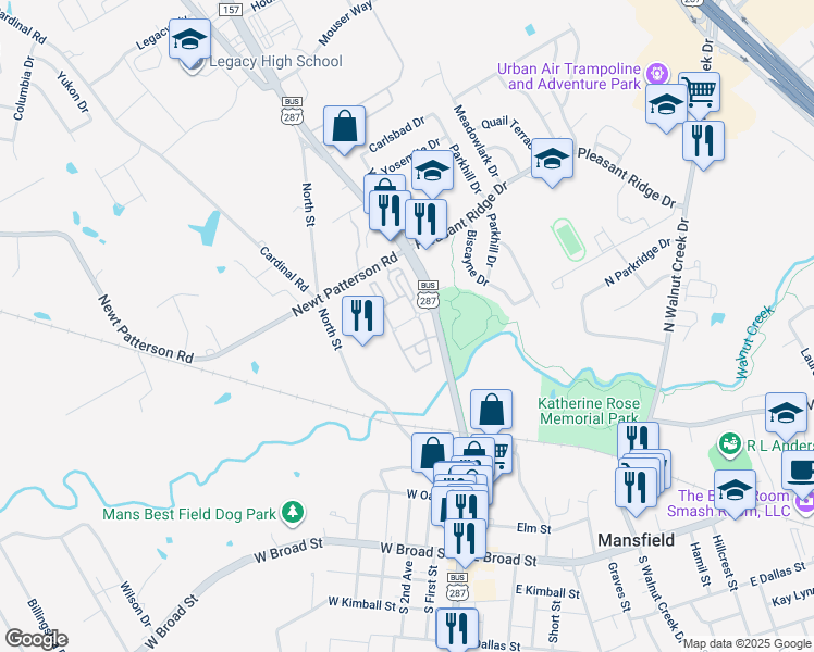 map of restaurants, bars, coffee shops, grocery stores, and more near 715 North Main Street in Mansfield