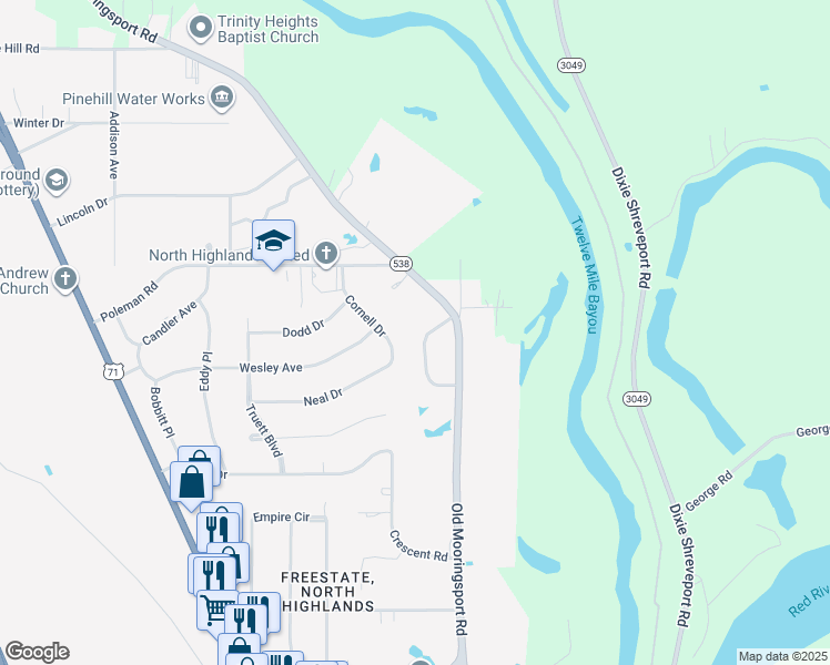 map of restaurants, bars, coffee shops, grocery stores, and more near 3736 Cornell Drive in Shreveport