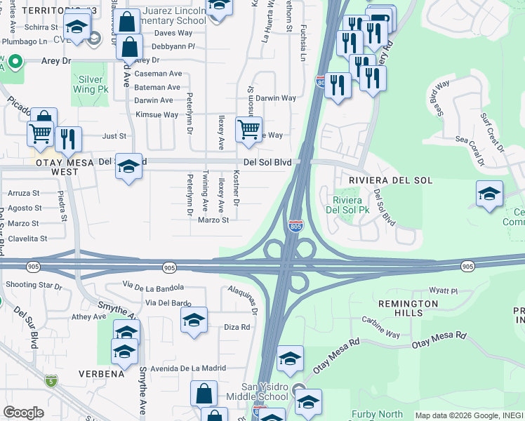 map of restaurants, bars, coffee shops, grocery stores, and more near 4293 Layla Way in San Diego