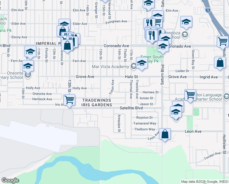 map of restaurants, bars, coffee shops, grocery stores, and more near 1578 Hermes Street in San Diego