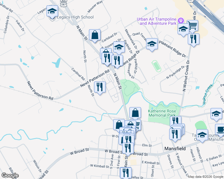 map of restaurants, bars, coffee shops, grocery stores, and more near 715 North Main Street in Mansfield
