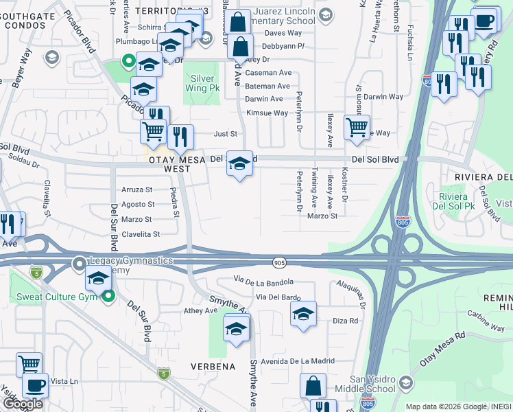 map of restaurants, bars, coffee shops, grocery stores, and more near 1456 Kenalan Dr in San Diego