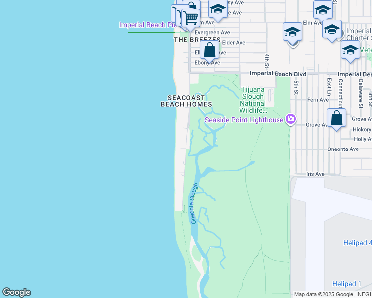 map of restaurants, bars, coffee shops, grocery stores, and more near Seacoast Dr & Descanso Ave in Imperial Beach