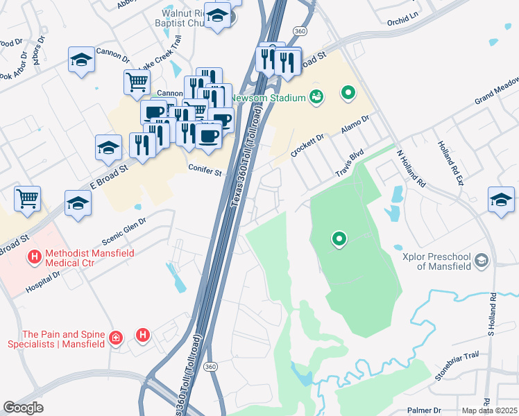 map of restaurants, bars, coffee shops, grocery stores, and more near 400 North State Highway 360 in Mansfield