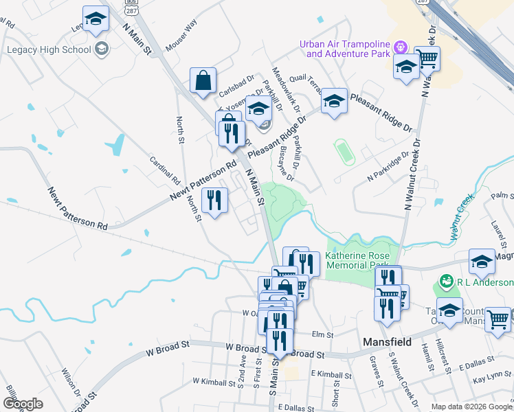 map of restaurants, bars, coffee shops, grocery stores, and more near 715 North Main Street in Mansfield