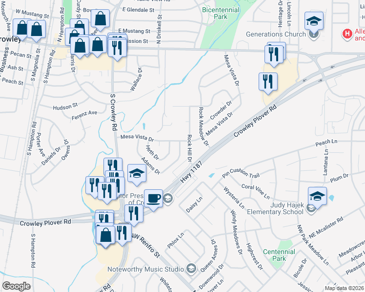 map of restaurants, bars, coffee shops, grocery stores, and more near 258 Adams Drive in Crowley