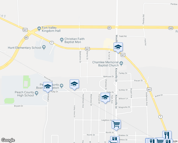 map of restaurants, bars, coffee shops, grocery stores, and more near 56 Harris Drive in Fort Valley