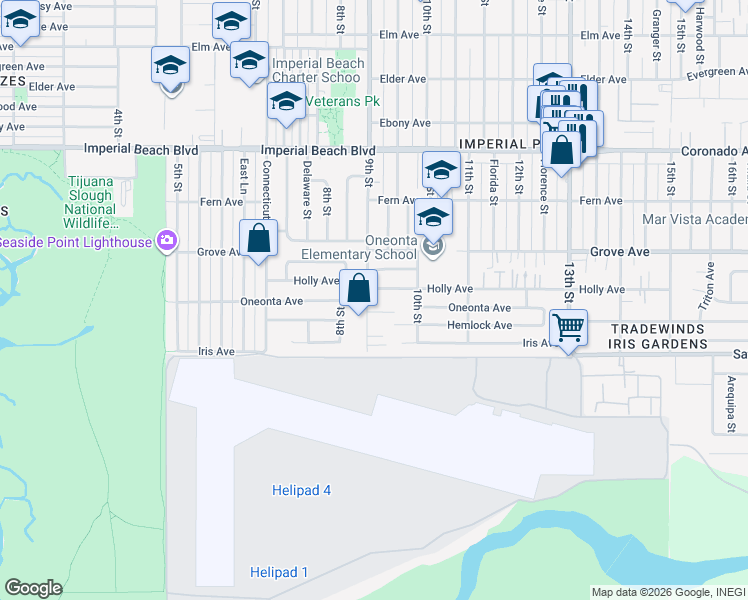 map of restaurants, bars, coffee shops, grocery stores, and more near 1409 9th Street in Imperial Beach